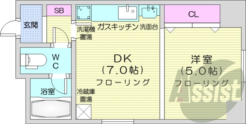 1DK、ガスFF暖房、収納、バストイレ別