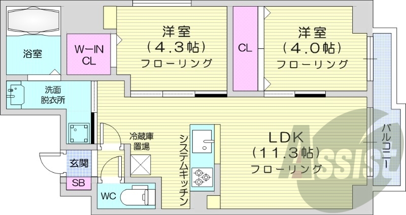 2LDK、都市ガス、エアコン、システムキッチン、浴室乾燥機