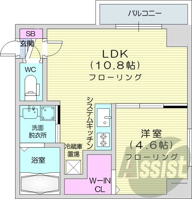 1LDK、都市ガス、エアコン、システムキッチン、浴室乾燥機
