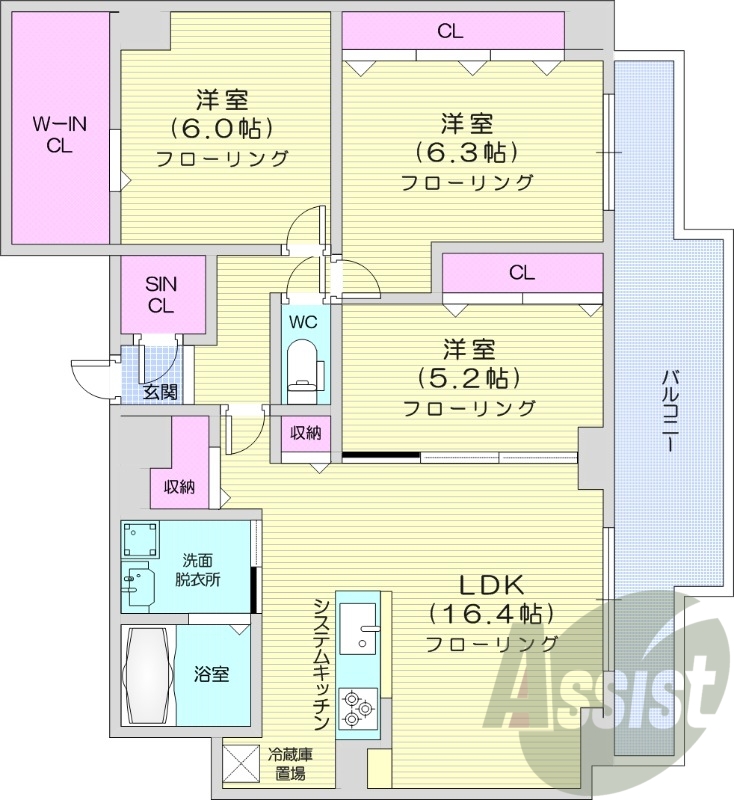 3LDK、都市ガス、エアコン、システムキッチン、浴室乾燥機