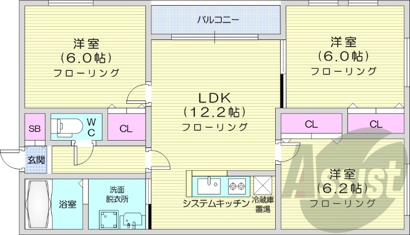 3LDK、都市ガス、エアコン、追い焚き、システムキッチン