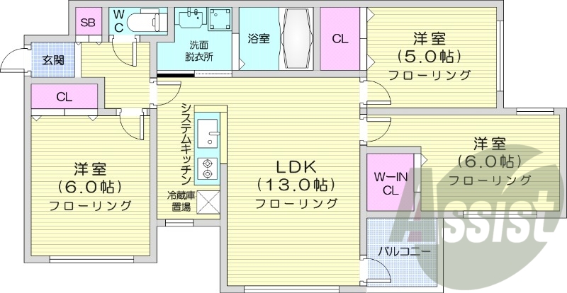 3LDK、都市ガス、エアコン、追い焚き、システムキッチン