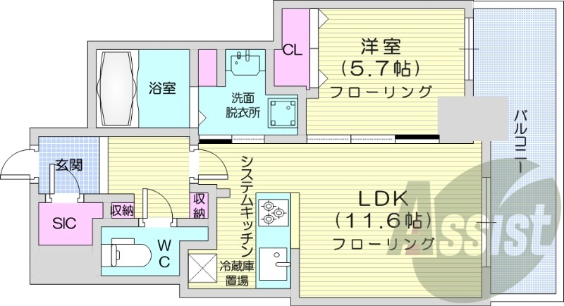 1LDK、IHシステムキッチン、食器洗浄乾燥機