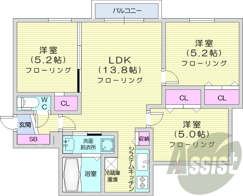 3LDK、エアコン、システムキッチン、オートロック