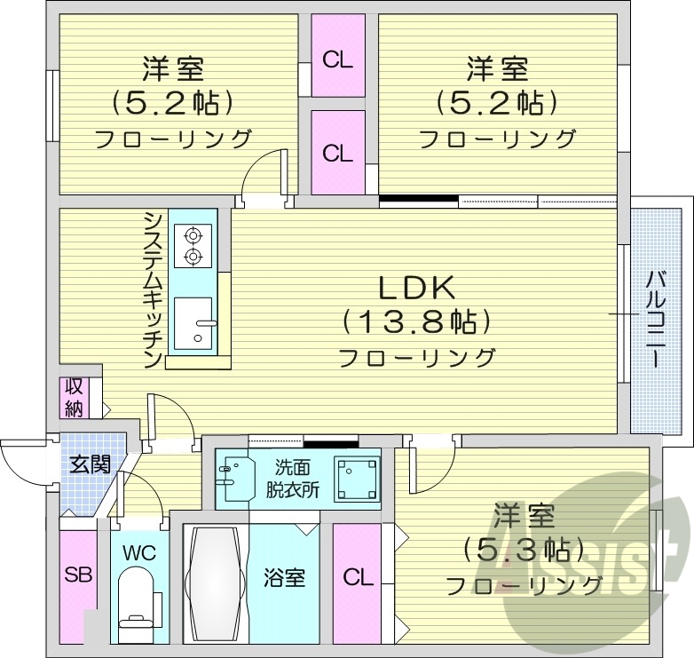 3LDK、エアコン、システムキッチン、オートロック