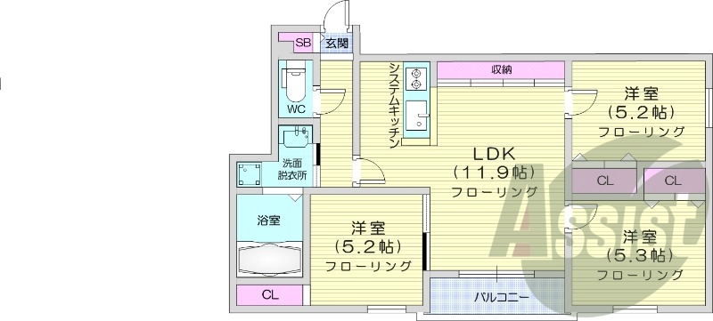 3LDK、エアコン、システムキッチン、オートロック