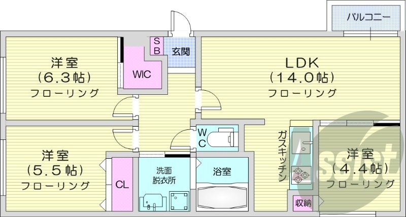 ３LDK、ガスリミット制、エアコン、システムキッチン