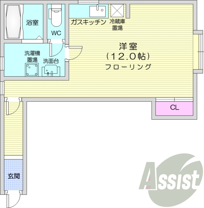 １K、都市ガス、給湯灯油、クローゼット、バストイレ別
