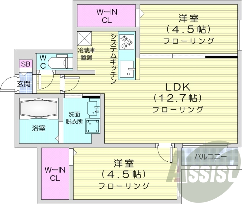 2LDK、都市ガス、エアコン、システムキッチン、ネット無料