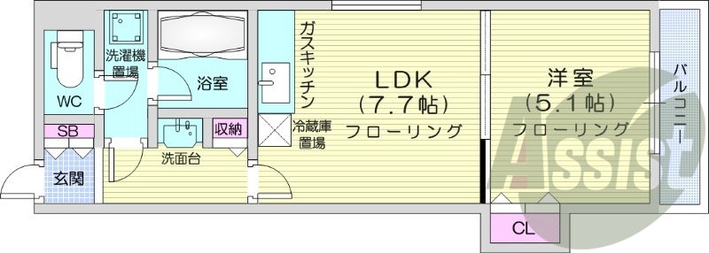 1DK、バストイレ別、シャンプードレッサー