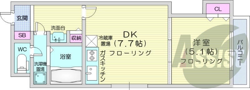 1DK、バストイレ別、シャンプードレッサー