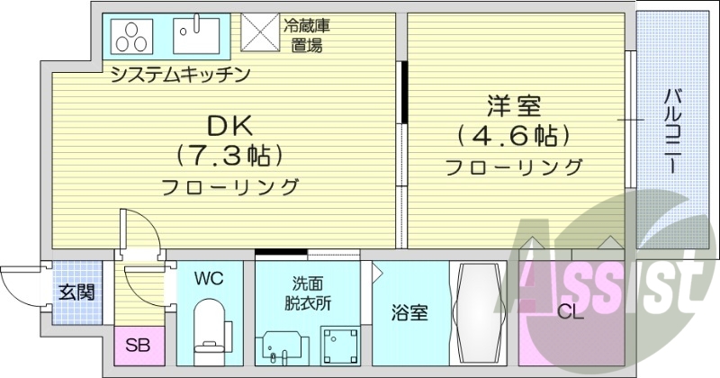 1DK、都市ガス、エアコン、システムキッチン、独立洗面台