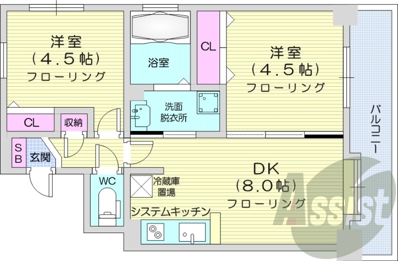2DK、オートロック、エアコン、角部屋、電気暖房