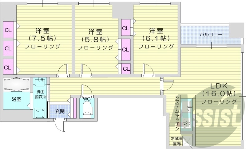 3LDK、クローゼット、システムキッチン、ウォシュレット