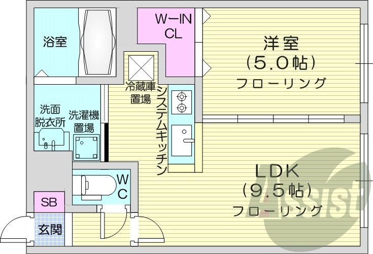 1LDK、システムキッチン、都市ガス、ネット無料