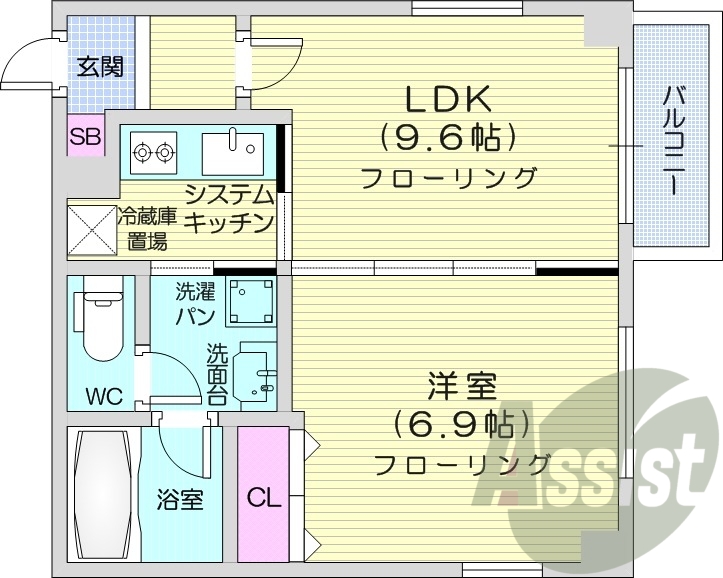 1LDK、エアコン、ネット無料、システムキッチン