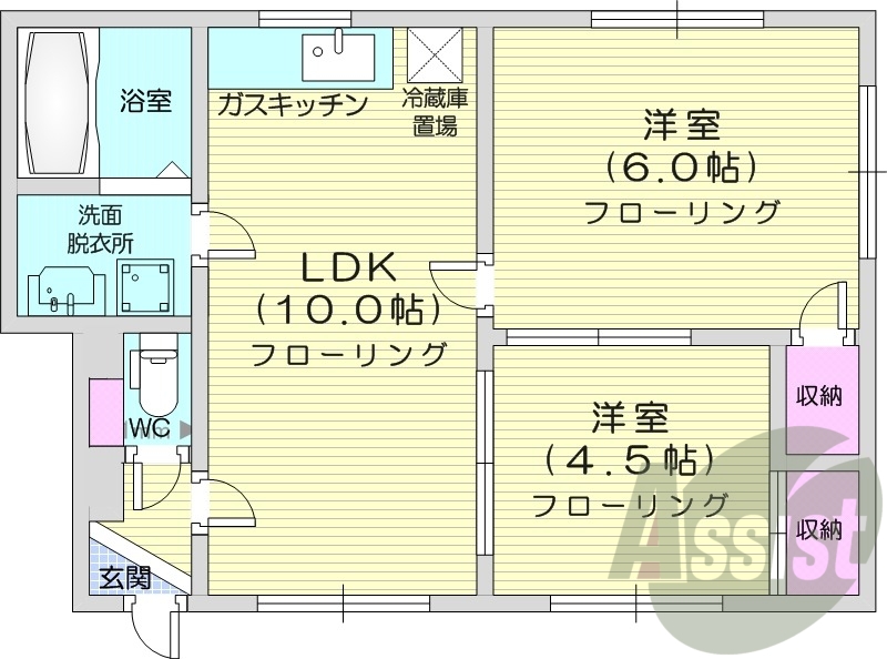 2LDK、角部屋、洗髪洗面化粧台、シャワートイレ