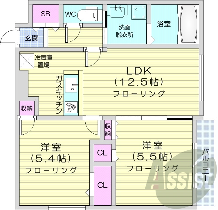 2LDK、収納、洗濯機置場、暖房設備、都市ガス