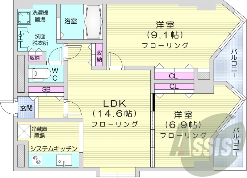 2LDK、システムキッチン、エアコン、光ファイバー