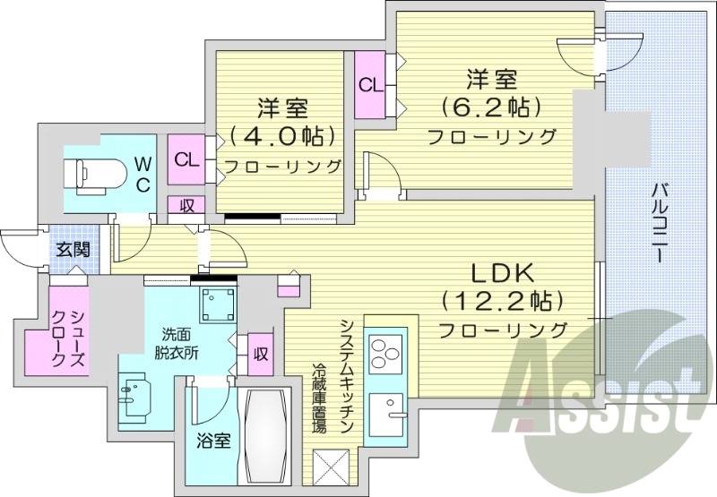 2LDK、都市ガス、追い焚き、浴室乾燥、システムキッチン