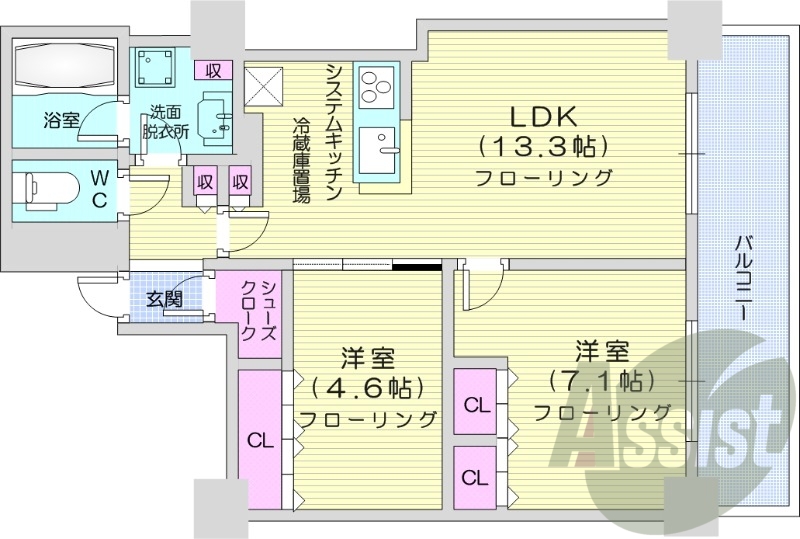 2LDK、都市ガス、追い焚き、浴室乾燥、システムキッチン