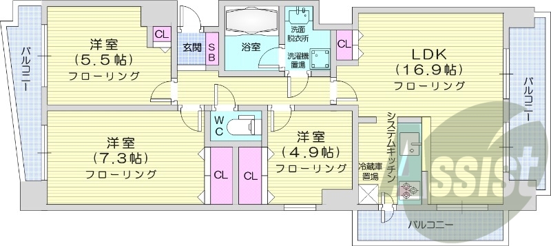 3LDK、都市ガス、システムキッチン、追い焚き