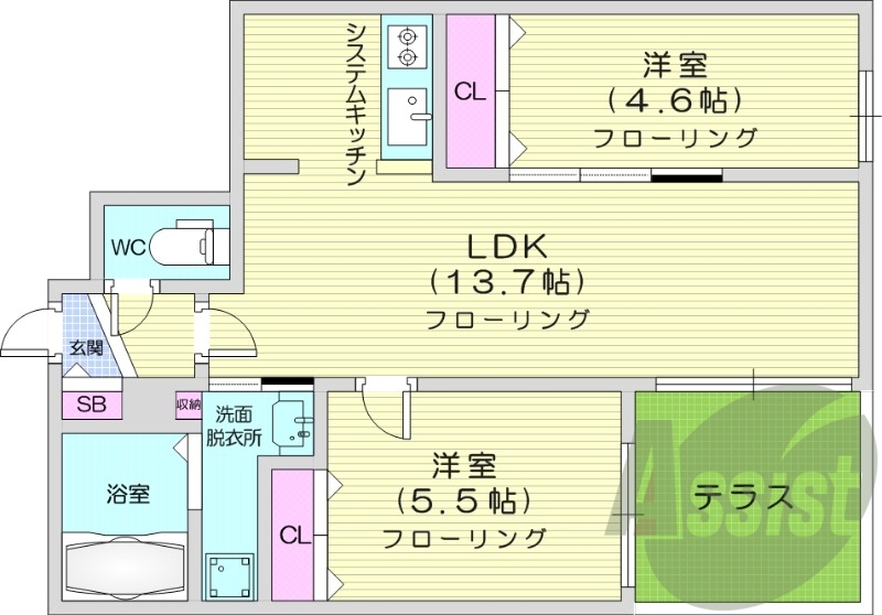 2LDK、都市ガス、追い焚き、エアコン、システムキッチン