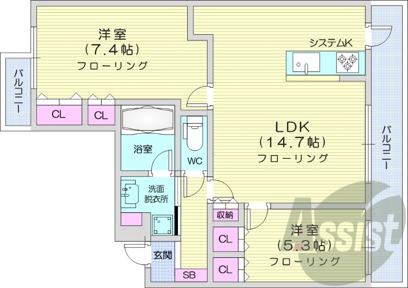 2LDK、分譲タイプ、都市ガス、追い焚き、浴室乾燥機