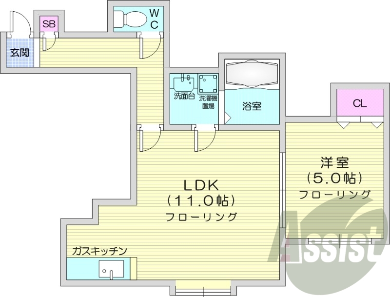 1LDK、灯油暖房、インターネット無料、脱衣所