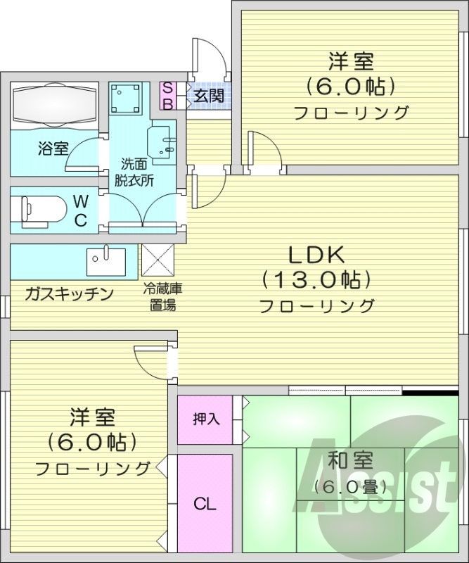 3LDK、エアコン、灯油暖房、洗髪洗面化粧台