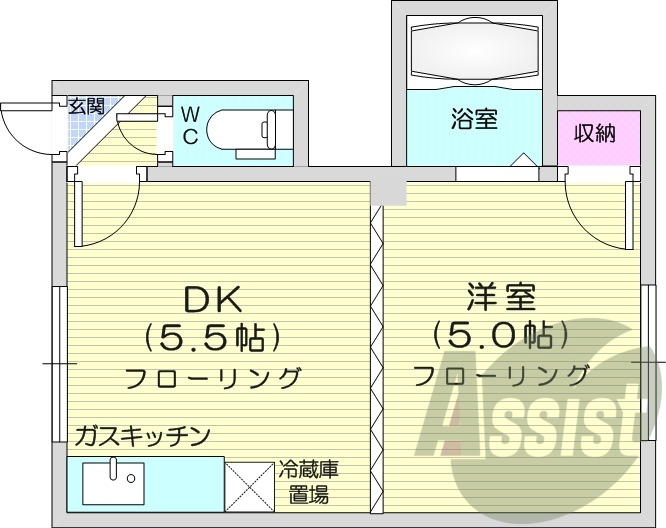 1DK、押入、バストイレ別、ガスキッチン、洗濯機置場