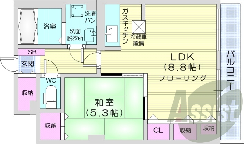 1LDK、オートロック、ウォシュレット、都市ガス