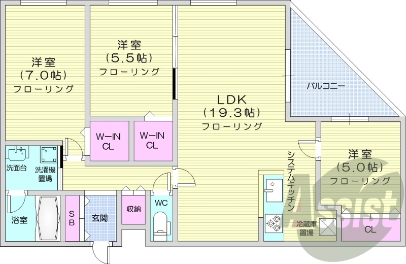 3LDK、オートロック、エアコン、システムキッチン