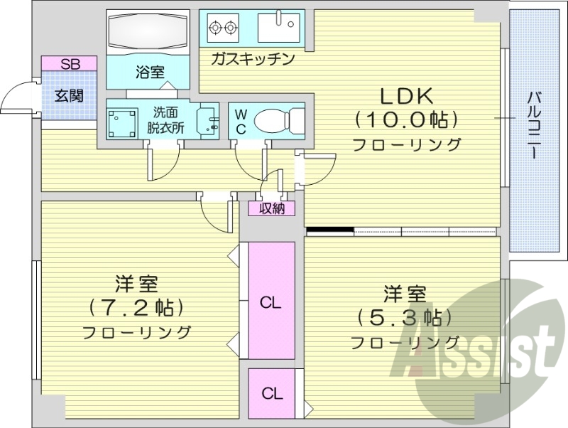 2LDK、独立洗面台、ガス暖房、インターネット使用料不要