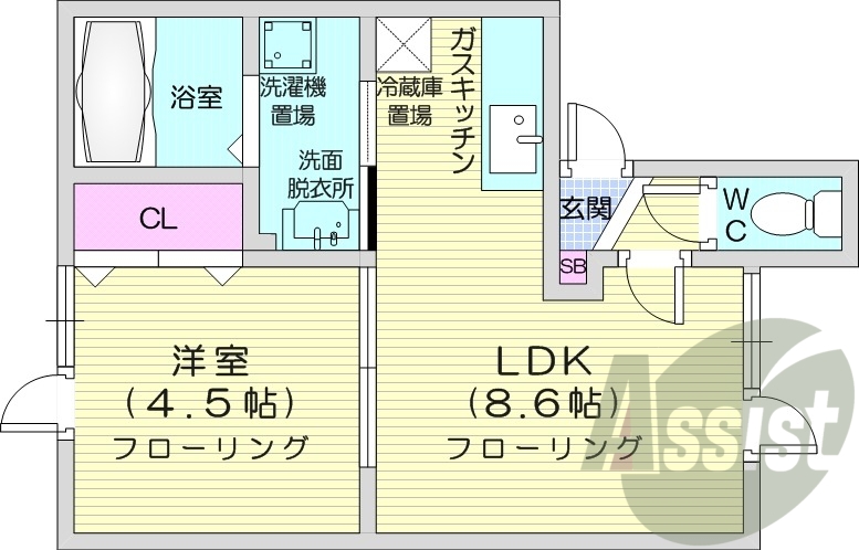 1LDK、灯油暖房、バストイレ別、室内洗濯機置場