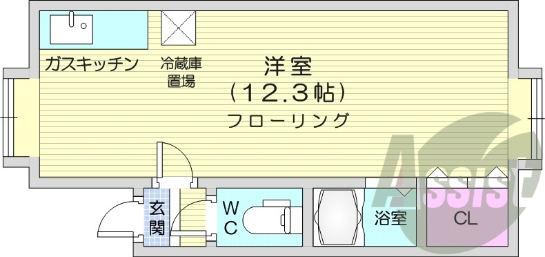 1R、エアコン、都市ガス、灯油暖房、角部屋