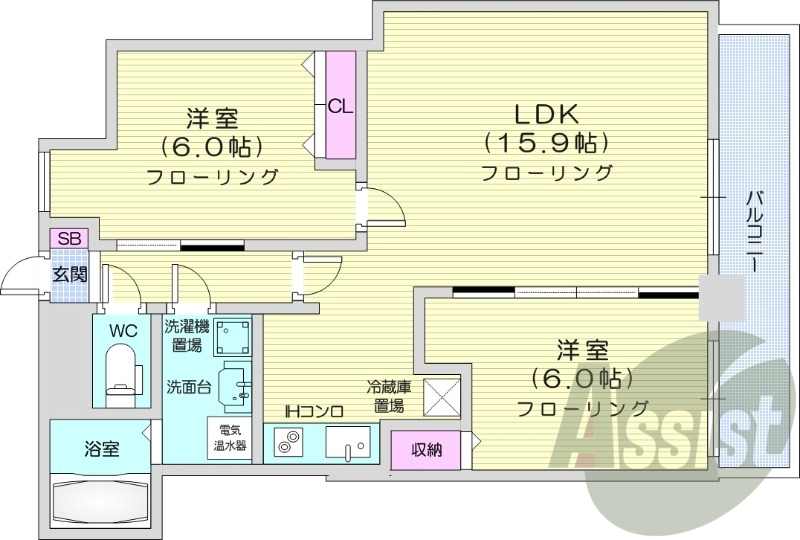 2LDK、IHクッキングヒーター、独立洗面台