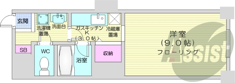 1K、都市ガス、オートロック、シューズボックス