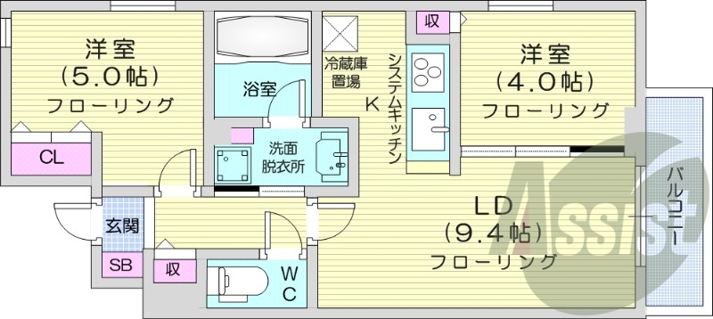 2LDK、エアコン、食器洗浄乾燥機、システムキッチン