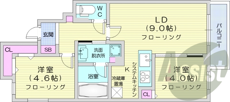 2LDK、エアコン、食器洗浄乾燥機、システムキッチン