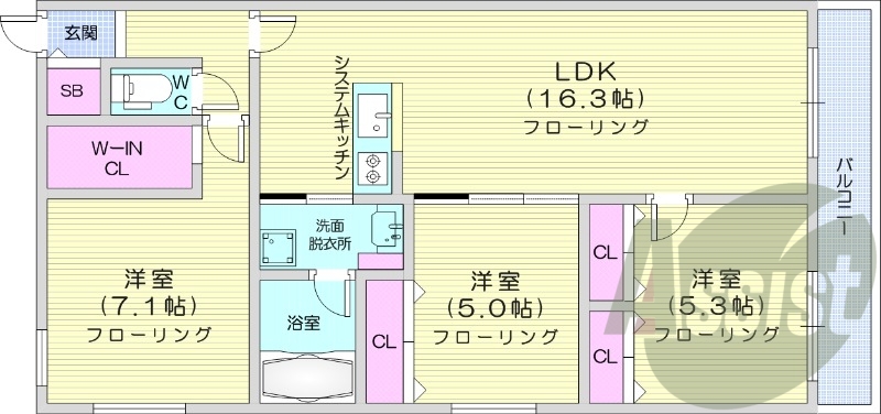 3LDK、エアコン、システムキッチン、追い焚き、ネット無料