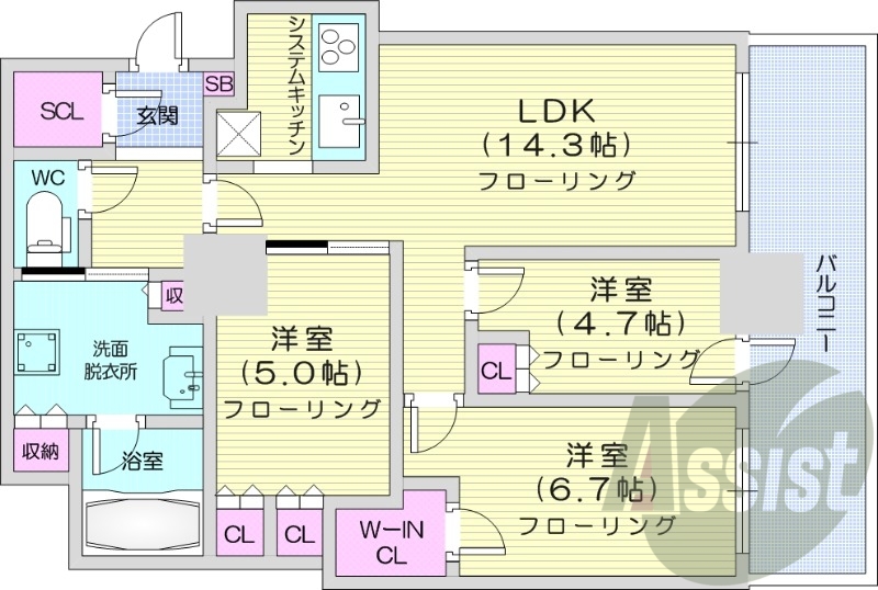 3LDK、エアコン、システムK、ウォークインクローゼット