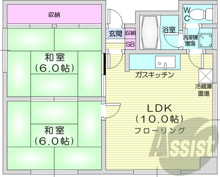 2LDK、バストイレ別、押入、ガスキッチン