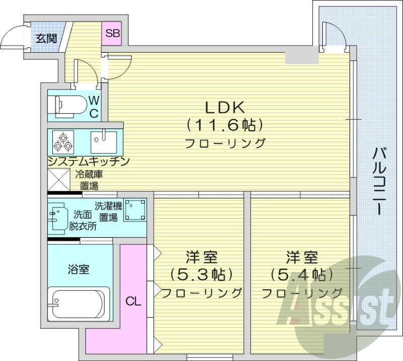 2LDK、クローゼット、ウォシュレット、システムキッチン