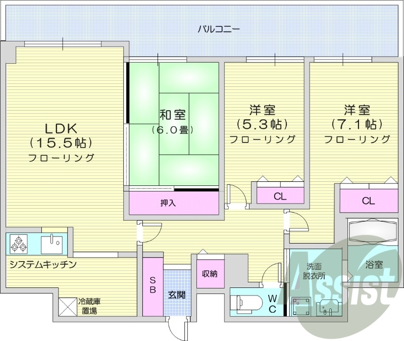 3LDK、オートロック、都市ガス、TVモニターホン