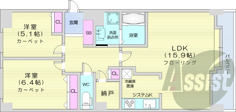 2LDK、オートロック、都市ガス、TVモニターホン