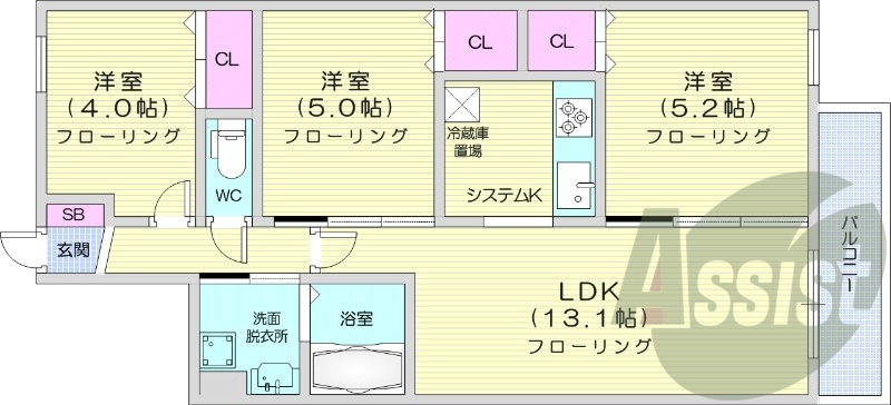 3LDK、都市ガス、エアコン、追い焚き、システムキッチン