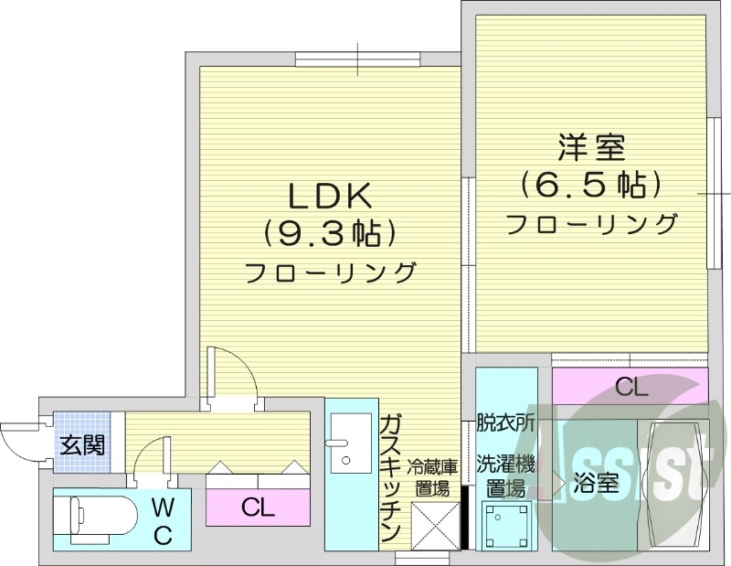 1DK、クローゼット２か所、脱衣所、洗濯機置場、ガスキッチン