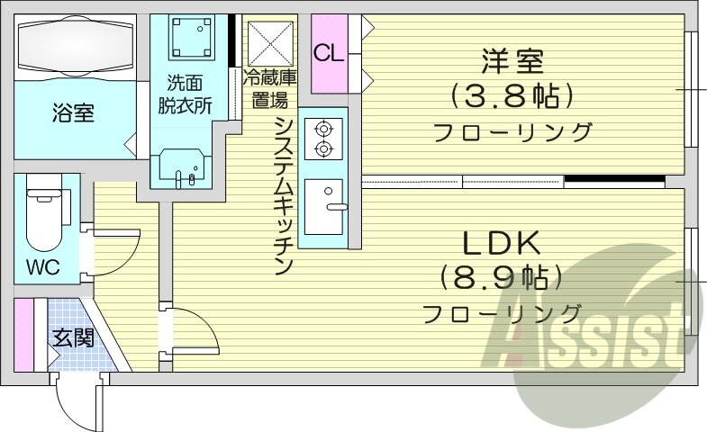 1LDK、エアコン、ガスリミット制、システムキッチン