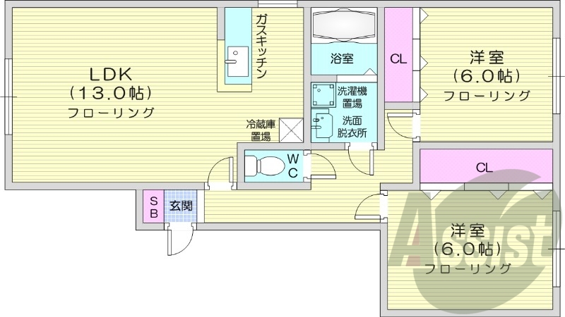 2LDK、角部屋、バストイレ別、対面キッチン